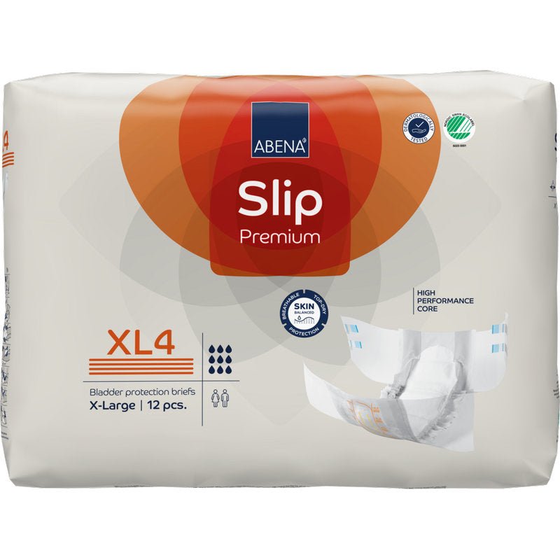 Μια συσκευασία ABENA Slip Premium από την Abena Re-Seller GmbH, μέγεθος X-Large (XL4), περιέχει 12 πάνες για ακράτεια. Η λευκή συσκευασία έχει πορτοκαλί και μπλε τόνους και δείχνει εικόνες της πάνας και των χαρακτηριστικών του προϊόντος.