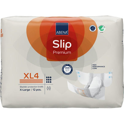 Μια συσκευασία ABENA Slip Premium από την Abena Re-Seller GmbH, μέγεθος X-Large (XL4), περιέχει 12 πάνες για ακράτεια. Η λευκή συσκευασία έχει πορτοκαλί και μπλε τόνους και δείχνει εικόνες της πάνας και των χαρακτηριστικών του προϊόντος.