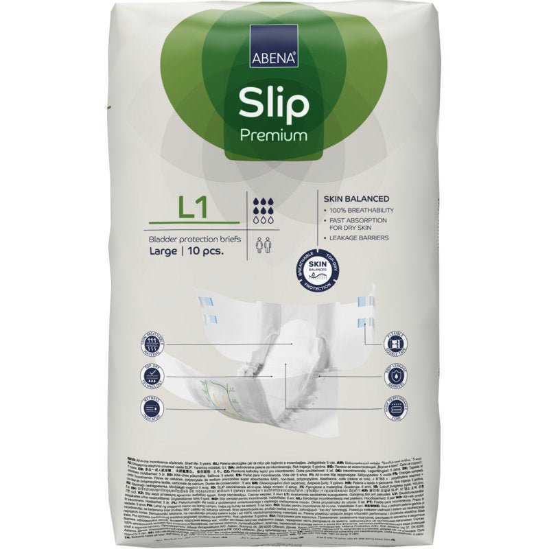 Μια συσκευασία ABENA Slip Premium από την Abena Re-Seller GmbH, μέγεθος μεγάλο, με 10 τεμάχια. Η λευκή συσκευασία έχει πράσινες και μπλε πινελιές και σαφείς πληροφορίες προϊόντος στο μπροστινό μέρος.
