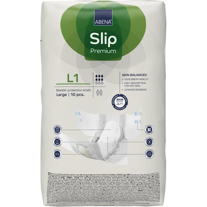Μια συσκευασία ABENA Slip Premium από την Abena Re-Seller GmbH, μέγεθος μεγάλο, με 10 τεμάχια. Η λευκή συσκευασία έχει πράσινες και μπλε πινελιές και σαφείς πληροφορίες προϊόντος στο μπροστινό μέρος.