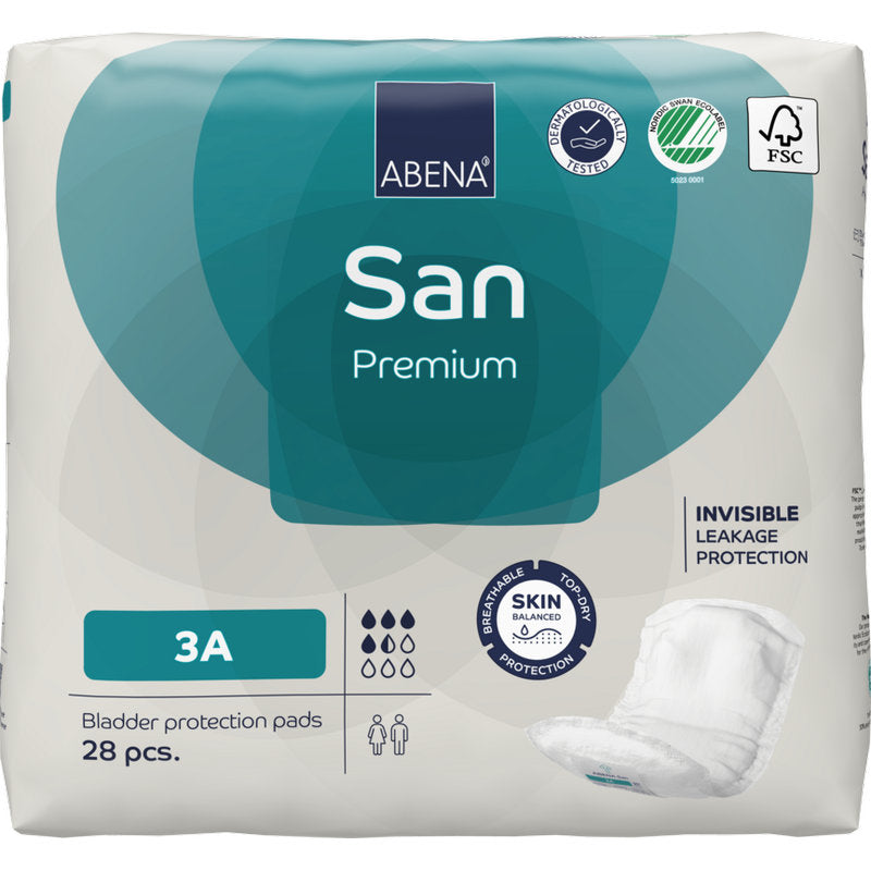 Eine 28-teilige Packung ABENA San Premium Tampons der Abena Re-Seller GmbH, die sich durch hohe Saugfähigkeit, unsichtbaren Auslaufschutz und Hautbalance auszeichnen. Zertifizierungslogos und ein Tamponbild sind unten rechts auf der Verpackung abgebildet.