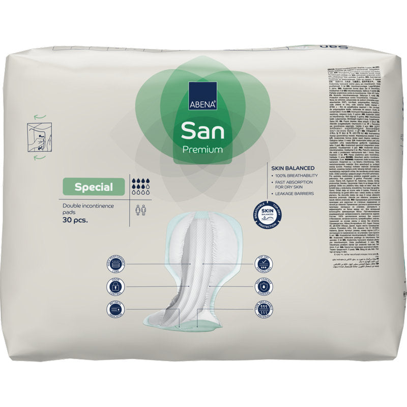 Ein 30er-Pack ABENA San Premium Inkontinenzeinlagen der Abena Re-Seller GmbH mit hoher Saugfähigkeit. Überwiegend weiße Verpackung mit blauen und grünen Akzenten, Produktabbildungen und Details enthalten.