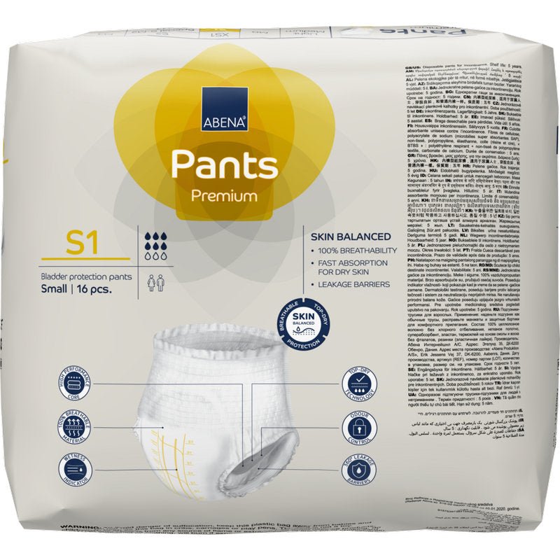 Μια συσκευασία 16 τεμαχίων ABENA Pants Premium S από την Abena Re-Seller GmbH για προστασία της ουροδόχου κύστης, μέγεθος small. Η κυρίως λευκή συσκευασία με κίτρινο και μπλε χρώμα περιέχει πληροφορίες προϊόντος, εικονίδια και μια φωτογραφία του παντελονιού ακράτειας.