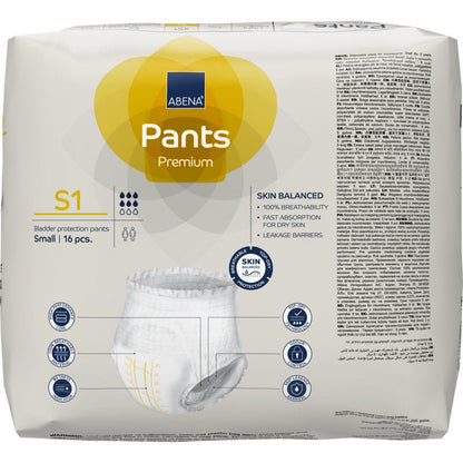Μια συσκευασία 16 τεμαχίων ABENA Pants Premium S από την Abena Re-Seller GmbH για προστασία της ουροδόχου κύστης, μέγεθος small. Η κυρίως λευκή συσκευασία με κίτρινο και μπλε χρώμα περιέχει πληροφορίες προϊόντος, εικονίδια και μια φωτογραφία του παντελονιού ακράτειας.
