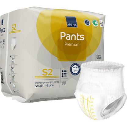 Απεικονίζεται μια συσκευασία ABENA Pants Premium S της Abena Re-Seller GmbH (μικρό μέγεθος, 16 κομμάτια) με ένα παντελόνι πάνας δίπλα. Στη συσκευασία υπάρχουν λογότυπα πιστοποίησης και λεπτομερείς πληροφορίες για προϊόντα ακράτειας.