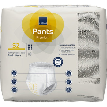 Μια συσκευασία ABENA Pants Premium S της Abena Re-Seller GmbH στο μέγεθος Small περιέχει 16 κομμάτια σε κυρίως λευκή συσκευασία με κίτρινες και μπλε πινελιές και προσφέρει αξιόπιστη προστασία από την ακράτεια με σαφή πληροφορία προϊόντος στο μπροστινό μέρος.