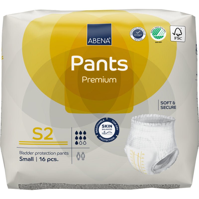 Το ABENA Pants Premium S από την Abena Re-Seller GmbH, μέγεθος S2, διατίθεται σε συσκευασία 16 τεμαχίων. Η κίτρινη-γκρίζα συσκευασία υπογραμμίζει την άνεση "soft & secure" και την προστασία του δέρματος κατά την παροχή φροντίδας ακράτειας.