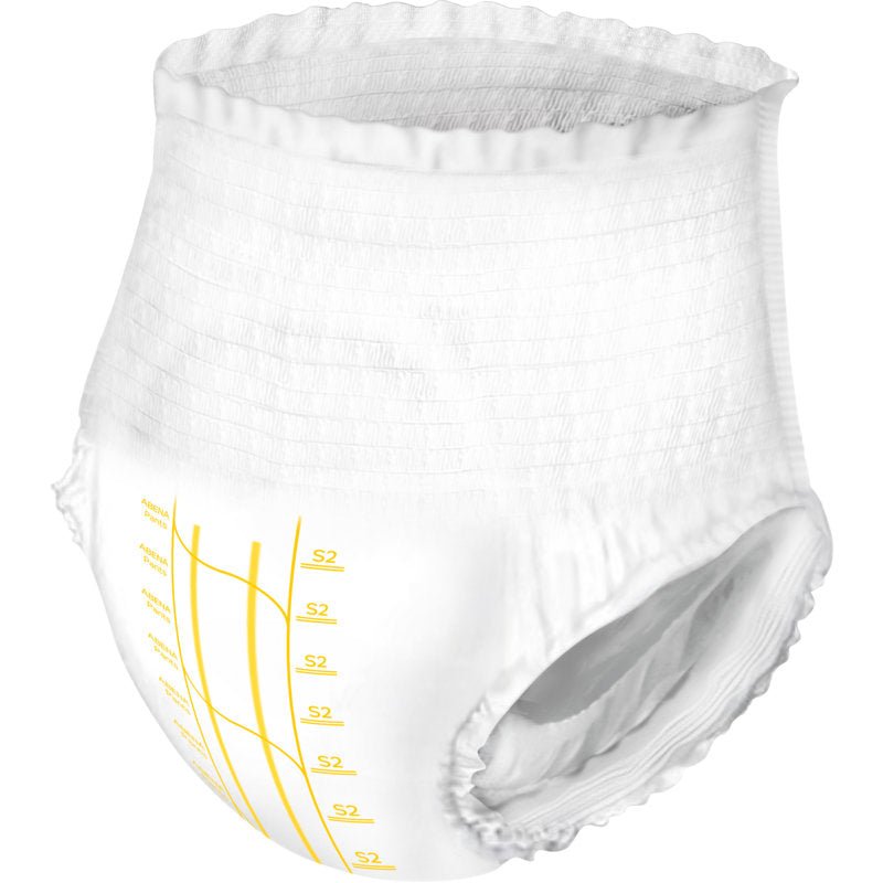 Το ABENA Pants Premium S από την Abena Re-Seller GmbH είναι ένα λευκό παντελόνι μιας χρήσης με ελαστική ζώνη και ανοίγματα ποδιών καθώς και κίτρινες εκτυπωμένες πληροφορίες για το μέγεθος και τις διαστάσεις, ιδανικό για την παροχή φροντίδας ακράτειας.