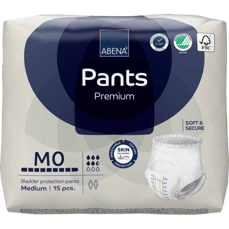 Ένα πακέτο 15 τεμαχίων ABENA Pants Premium M της Abena Re-Seller GmbH χαρακτηρίζεται από υψηλή απορροφητικότητα, "μαλακό & ασφαλές" και "φιλικό προς το δέρμα" χαρακτηριστικά, με σύμβολα προϊόντων και βιωσιμότητας στη συσκευασία.