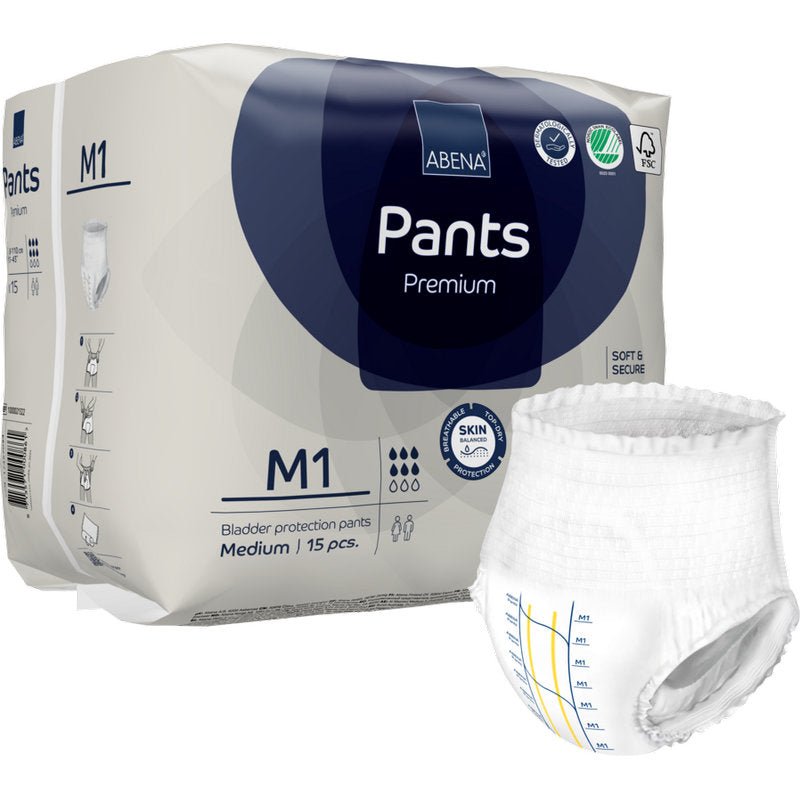 Μια συσκευασία ABENA Pants Premium M από την Abena Re-Seller GmbH περιέχει 15 μεσαίου μεγέθους εσώρουχα μιας χρήσης, από τα οποία το καθένα απεικονίζεται εκτός της συσκευασίας για αξιόπιστη προστασία της ουροδόχου κύστης.
