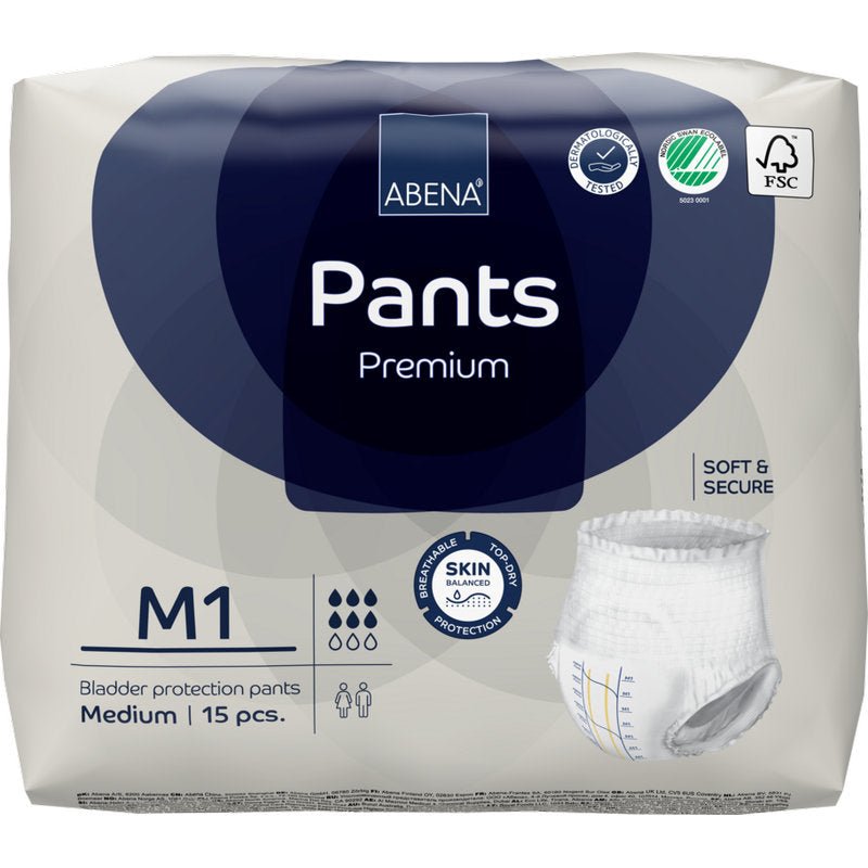 Ένα πακέτο 15 τεμαχίων ABENA Pants Premium M της Abena Re-Seller GmbH έρχεται σε μια κυρίως λευκή συσκευασία με μπλε τόνους, εικόνες προϊόντων και λογότυπα πιστοποίησης, που αναδεικνύουν την premium προστασία της ουροδόχου κύστης.