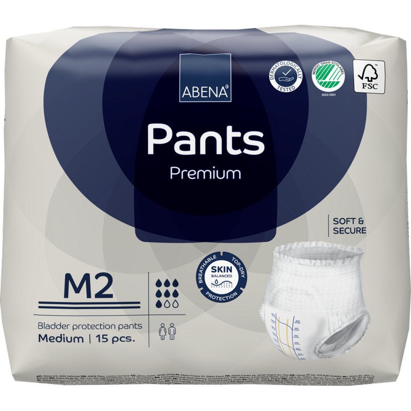 Ένα πακέτο 15 τεμαχίων ABENA Pants Premium M από την Abena Re-Seller GmbH. Η λευκο-μπλε συσκευασία δείχνει εικονίδια για υψηλή απορροφητικότητα, προστασία του δέρματος, απορροφητικότητα και οικολογική πιστοποίηση.