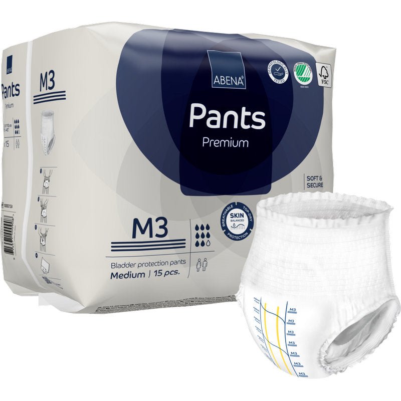 Απεικονίζεται μια συσκευασία ABENA Pants Premium M της Abena Re-Seller GmbH με ένα ανοιγμένο εσώρουχο στο προσκήνιο. Η λευκο-μπλε συσκευασία δείχνει λεπτομέρειες προϊόντος και εικονίδια που αναδεικνύουν αυτό το αξιόπιστο εσώρουχο προστασίας της ουροδόχου κύστης.