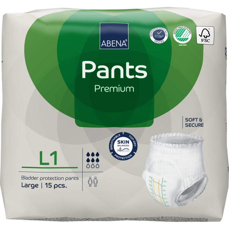 Μια συσκευασία ABENA Pants Premium L από την Abena Re-Seller GmbH, μέγεθος Large, περιέχει 15 προστατευτικά παντελόνια. Η λευκή-πράσινη συσκευασία φέρει την επιγραφή προστασίας από διαρροές και δείχνει την εικόνα ενός προστατευτικού παντελονιού.