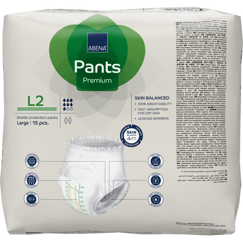 Μια συσκευασία 15 τεμαχίων ABENA Pants Premium L από την Abena Re-Seller GmbH, μέγεθος Large, σε κυρίως λευκή συσκευασία με πράσινες πινελιές, περιλαμβάνει πληροφορίες προστασίας από διαρροές, λεπτομέρειες προϊόντος και μια εικόνα παντελονιού.