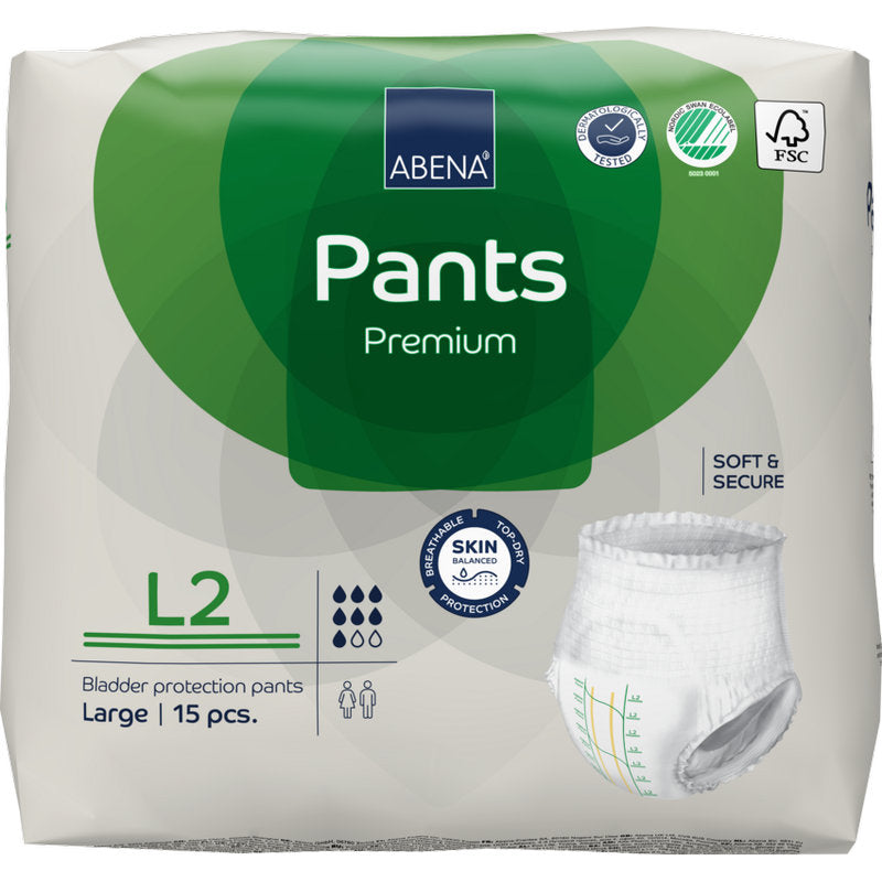 Μια συσκευασία 15 τεμαχίων ABENA Pants Premium L από την Abena Re-Seller GmbH, μέγεθος Large. Η συσκευασία περιλαμβάνει προστασία από διαρροές, πιστοποιήσεις και μια εικόνα προϊόντος.