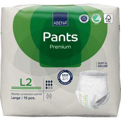 Μια συσκευασία 15 τεμαχίων ABENA Pants Premium L από την Abena Re-Seller GmbH, μέγεθος Large. Η συσκευασία περιλαμβάνει προστασία από διαρροές, πιστοποιήσεις και μια εικόνα προϊόντος.