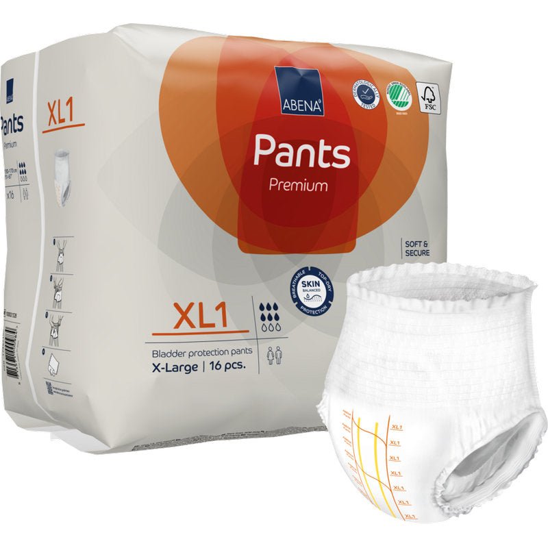 Μια συσκευασία ABENA Pants Premium XL από την Abena Re-Seller GmbH, μέγεθος X-Large (16 τεμάχια), με ένα αναδιπλωμένο εσώρουχο pull-up στο μπροστινό μέρος. Στη συσκευασία υπάρχουν λογότυπα πιστοποίησης για premium προστασία κύστης.