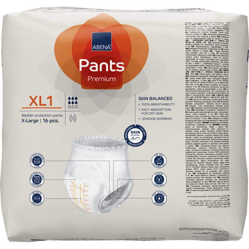 Ένα πακέτο ABENA Pants Premium XL από την Abena Re-Seller GmbH, μέγεθος X-Large, 16 τεμάχια, προσφέρει αξιόπιστη προστασία κύστης με αναπνεύσιμες και φιλικές προς το δέρμα ιδιότητες που αναφέρονται στο μπροστινό μέρος.