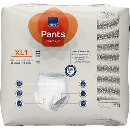 Ένα πακέτο ABENA Pants Premium XL από την Abena Re-Seller GmbH, μέγεθος X-Large, 16 τεμάχια, προσφέρει αξιόπιστη προστασία κύστης με αναπνεύσιμες και φιλικές προς το δέρμα ιδιότητες που αναφέρονται στο μπροστινό μέρος.