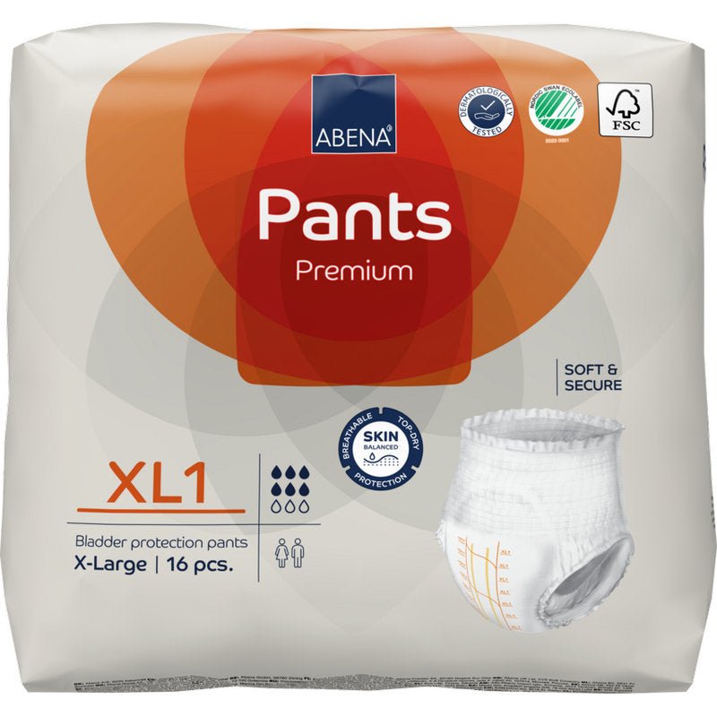 Ένα πακέτο ABENA Pants Premium XL από την Abena Re-Seller GmbH, μέγεθος X-Large, 16 τεμάχια. Έρχεται σε λευκή συσκευασία με πορτοκαλί πινελιές που δείχνουν εικόνες προϊόντων και λογότυπα πιστοποίησης.