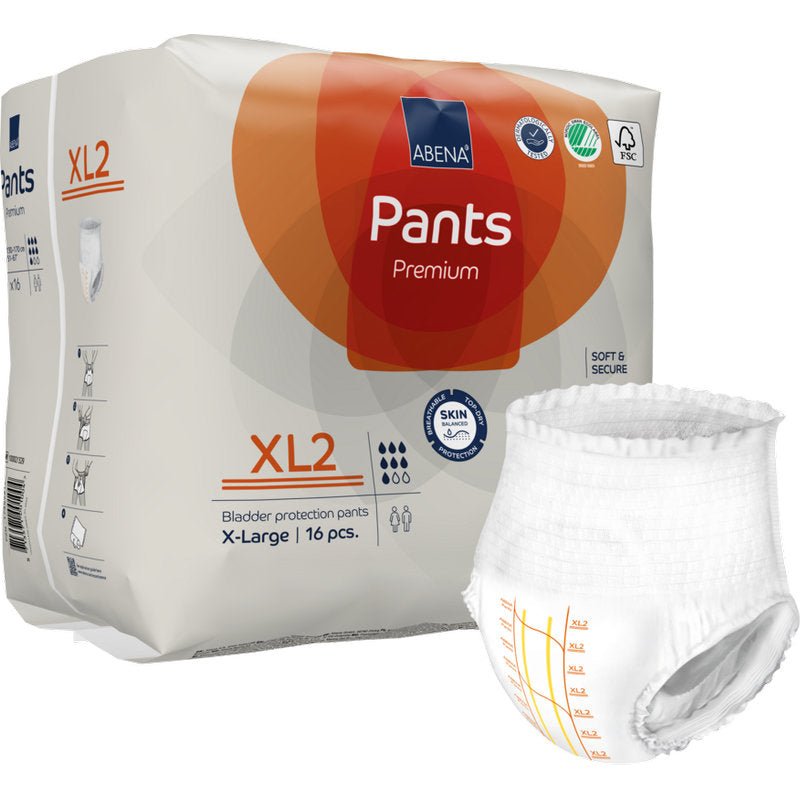 Μια συσκευασία ABENA Pants Premium XL από την Abena Re-Seller GmbH, μέγεθος XL2, περιέχει 16 τεμάχια. Η λευκή συσκευασία με πορτοκαλί πινελιές είναι εξοπλισμένη με λογότυπα πιστοποίησης, εξωτερικά είναι τοποθετημένο ένα εσώρουχο για ακράτεια.