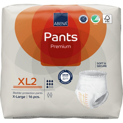 Μια συσκευασία ABENA Pants Premium XL από την Abena Re-Seller GmbH, μέγεθος XL2, περιέχει 16 τεμάχια σε λευκή συσκευασία με πορτοκαλί πινελιές, λογότυπα πιστοποίησης και μια εικόνα προϊόντος.