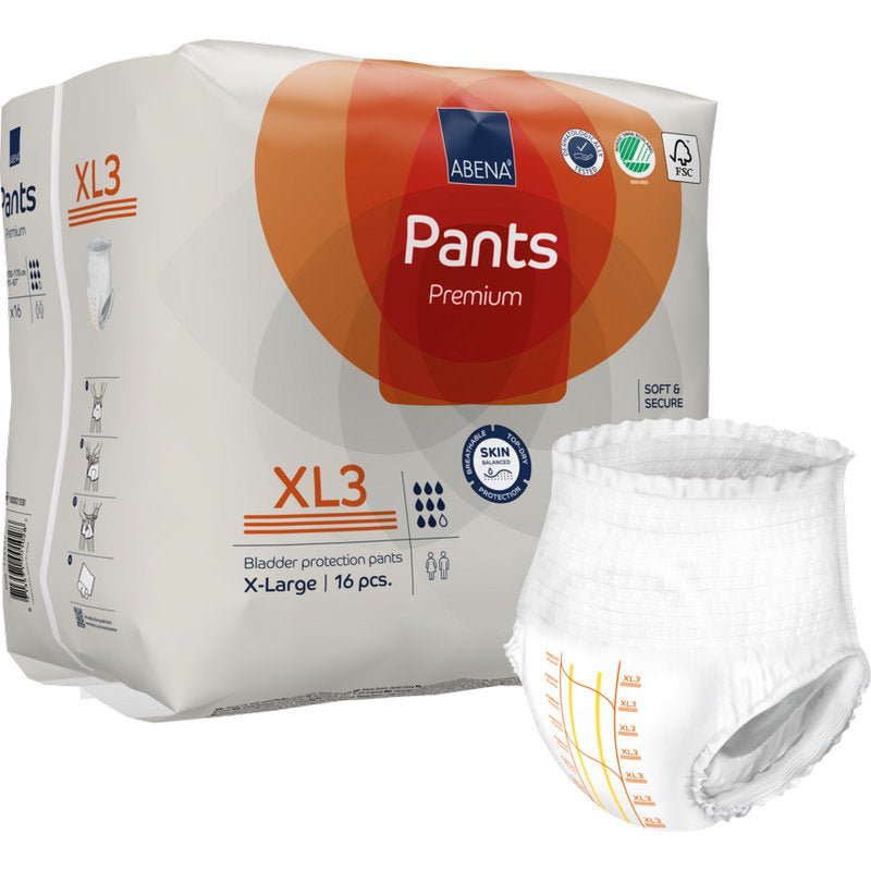 Απεικονίζεται μια συσκευασία ABENA Pants Premium XL από την Abena Re-Seller GmbH, μέγεθος X-Large (16 τεμάχια), με το όνομα του προϊόντος και ένα εσώρουχο για ακράτεια με σημάδια μέτρησης δίπλα στη συσκευασία.