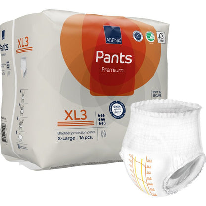 Απεικονίζεται μια συσκευασία ABENA Pants Premium XL από την Abena Re-Seller GmbH, μέγεθος X-Large (16 τεμάχια), με το όνομα του προϊόντος και ένα εσώρουχο για ακράτεια με σημάδια μέτρησης δίπλα στη συσκευασία.