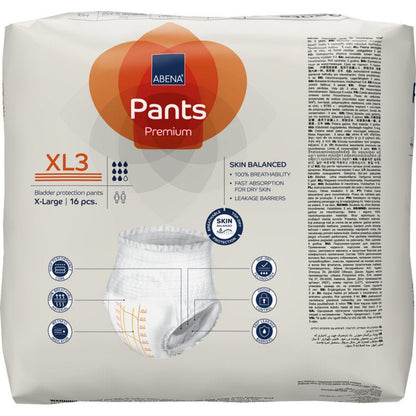 Μια συσκευασία ABENA Pants Premium XL από την Abena Re-Seller GmbH (X-Large, 16 αναπνεύσιμα εσώρουχα για ακράτεια) είναι εξοπλισμένη με πληροφορίες προϊόντος, μια εικόνα και σύμβολα για αναπνοή και γρήγορη απορρόφηση στη συσκευασία.