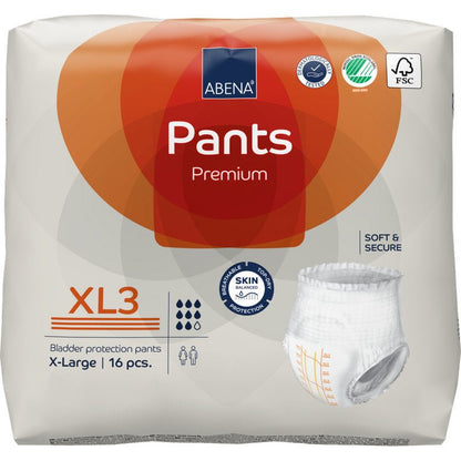 Μια συσκευασία ABENA Pants Premium XL από την Abena Re-Seller GmbH, μέγεθος XL3 extra-large, περιέχει 16 τεμάχια. Στη συσκευασία υπάρχουν λογότυπα πιστοποίησης και η απεικόνιση ενός μεμονωμένου προστατευτικού εσωρούχου.