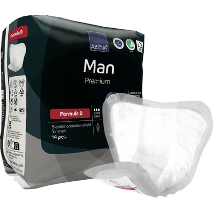 Μια συσκευασία 14 τεμαχίων ABENA Man Formula Premium από την Abena Re-Seller GmbH. Ένα σήμα απεικονίζεται έξω από τη μαύρο-άσπρο-κόκκινη συσκευασία, που έχει σχεδιαστεί για αποτελεσματική προστασία της ουροδόχου κύστης για άνδρες.