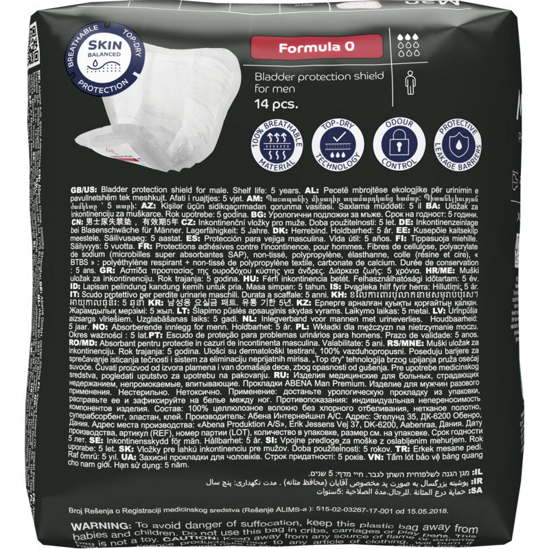 Μια συσκευασία 14 τεμαχίων ABENA Man Formula Premium της Abena Re-Seller GmbH, παραλλαγή "Formula 0", με πολυγλωσσικές πληροφορίες προϊόντος, οδηγίες και προειδοποιήσεις στη συσκευασία.