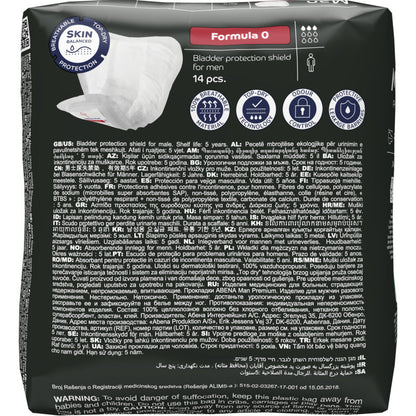 Μια συσκευασία 14 τεμαχίων ABENA Man Formula Premium της Abena Re-Seller GmbH, παραλλαγή "Formula 0", με πολυγλωσσικές πληροφορίες προϊόντος, οδηγίες και προειδοποιήσεις στη συσκευασία.