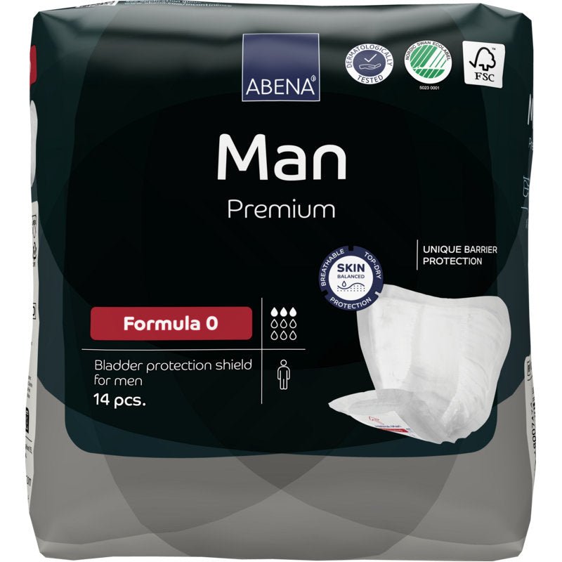 Μια συσκευασία 14 τεμαχίων ABENA Man Formula Premium της Abena Re-Seller GmbH, Formula 0, με μοναδική προστασία φραγμού και λογότυπα πιστοποίησης φιλικά προς το δέρμα στη συσκευασία.