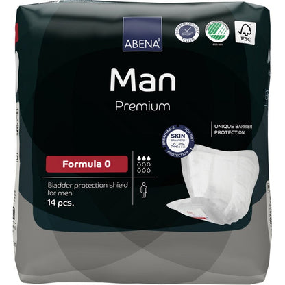 Μια συσκευασία 14 τεμαχίων ABENA Man Formula Premium της Abena Re-Seller GmbH, Formula 0, με μοναδική προστασία φραγμού και λογότυπα πιστοποίησης φιλικά προς το δέρμα στη συσκευασία.