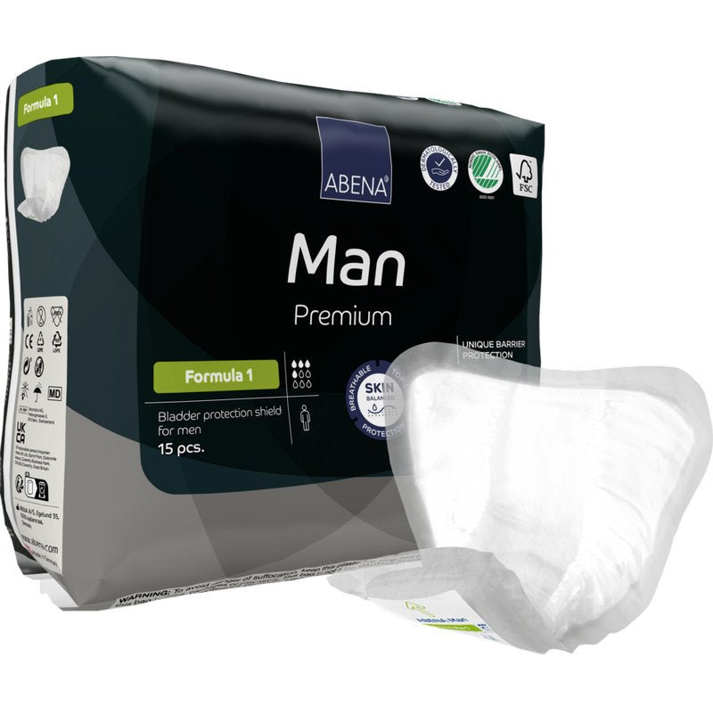 Μια συσκευασία ABENA Man Formula Premium της Abena Re-Seller GmbH με 15 τεμάχια για αποτελεσματική προστασία από ακράτεια του άνδρα, με ένα σήμα που έχει αφαιρεθεί και παρουσιάζεται.