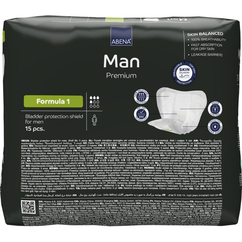 Μια συσκευασία 15 τεμαχίων ABENA Man Formula Premium από την Abena Re-Seller GmbH, σε απλή μαύρη συσκευασία με λεπτομέρειες προϊόντος και εικόνες της προστασίας από ακράτεια για άνδρες στο μπροστινό μέρος.