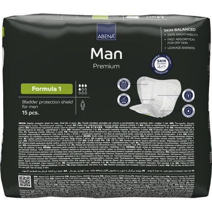 Μια συσκευασία 15 τεμαχίων ABENA Man Formula Premium από την Abena Re-Seller GmbH, σε απλή μαύρη συσκευασία με λεπτομέρειες προϊόντος και εικόνες της προστασίας από ακράτεια για άνδρες στο μπροστινό μέρος.