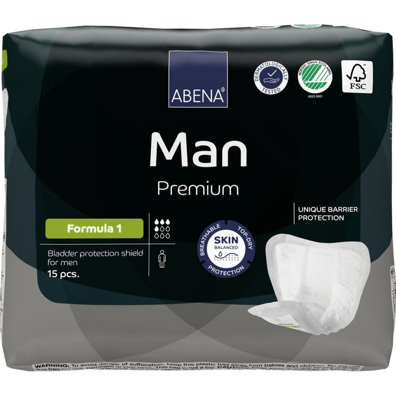 Μια συσκευασία 15 τεμαχίων ABENA Man Formula Premium από την Abena Re-Seller GmbH προσφέρει αναπνευστικότητα, ισορροπία του δέρματος και μοναδική προστασία φραγμού για αξιόπιστη φροντίδα ακράτειας του άνδρα.