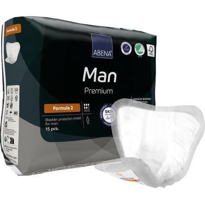 Απεικονίζεται μια συσκευασία ABENA Man Formula Premium της Abena Re-Seller GmbH με ένα σήμα στο προσκήνιο. Η συσκευασία περιέχει 15 τεμάχια και αναδεικνύει τις φιλικές προς το δέρμα και προστατευτικές ιδιότητες φραγμού.