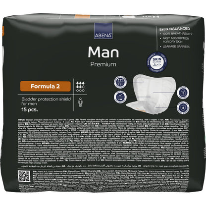 Μια συσκευασία ABENA Man Formula Premium από την Abena Re-Seller GmbH, Formula 2 (15 τεμάχια), εξασφαλίζει γρήγορη απορρόφηση, πλήρη αναπνευστικότητα και ισχυρά εμπόδια διαρροής για βέλτιστη προστασία για άνδρες.