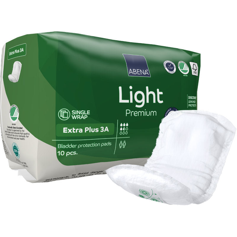 Abgebildet ist eine grüne Packung ABENA Light Extra Plus 3A, Premium der Abena Re-Seller GmbH (10 Stück) mit einem weißen Block auf der Vorderseite. Die Verpackung hebt verschiedene Produktsymbole hervor.
