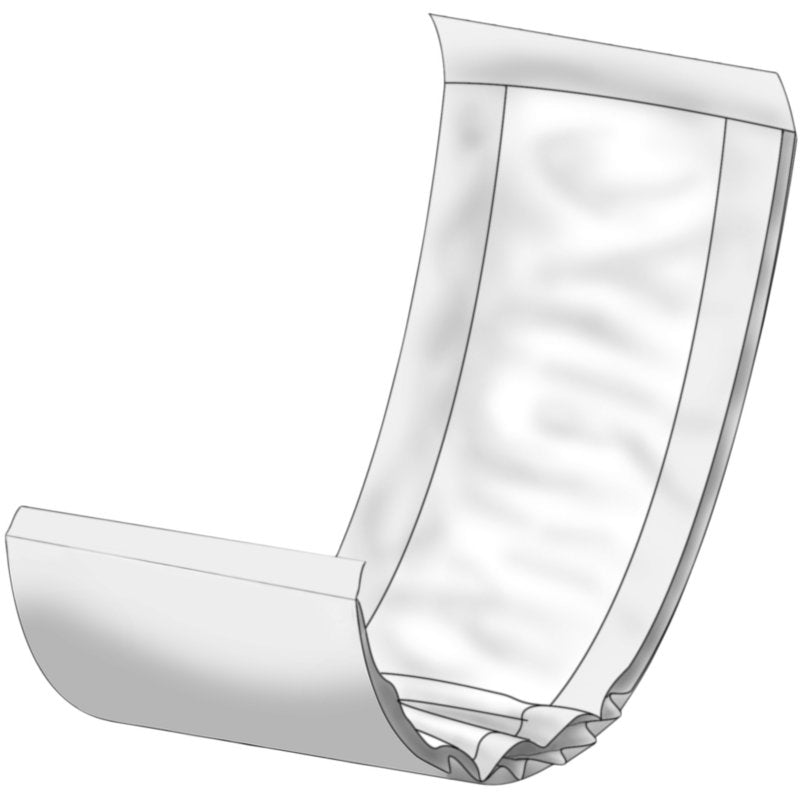 Eine digitale Illustration einer entfalteten ABENA Let Einwegwindel der Abena Re-Seller GmbH, aus einem seitlichen Blickwinkel gezeigt, hebt die saugfähigen Innenschichten und das konturierte Design für optimale Flüssigkeitsaufnahme hervor.