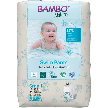 Οι πάνες κολύμβησης Bambo Nature, μέγεθος S, 7-12 kg (πακέτο με 12 κομμάτια) από την Abena Re-Seller GmbH είναι χωρίς παραβένες και άρωμα - ιδανικό για ευαίσθητο δέρμα μωρού και μικρούς κολυμβητές με 7-12 kg.