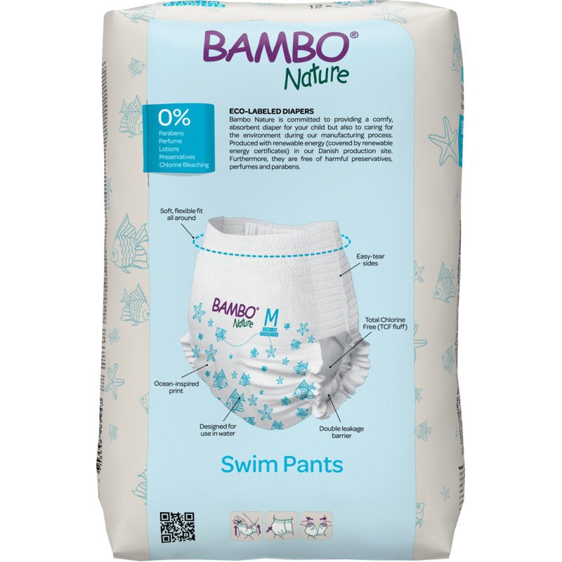 Ένα πακέτο των 12 Bambo Nature Schwimmwindeln, Gr. M (12+ kg) από την Abena Re-Seller GmbH: λευκές πάνες με μπλε σχέδιο αστερία, οικολογικά πιστοποιημένες και χωρίς παραμπένες, λοσιόν και αρωματικές ουσίες.