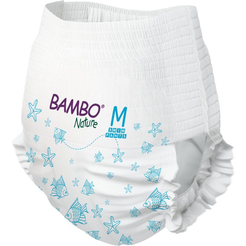 Η Bambo Nature Schwimmwindel Gr. M (12+ kg) από την Abena Re-Seller GmbH, πακέτο με 12 τεμάχια, πείθει ως βιώσιμη, λευκή κολυμβητική πάνα με μπλε μοτίβα ψαριών - ιδανική για οικολογικά συνειδητοποιημένες οικογένειες.