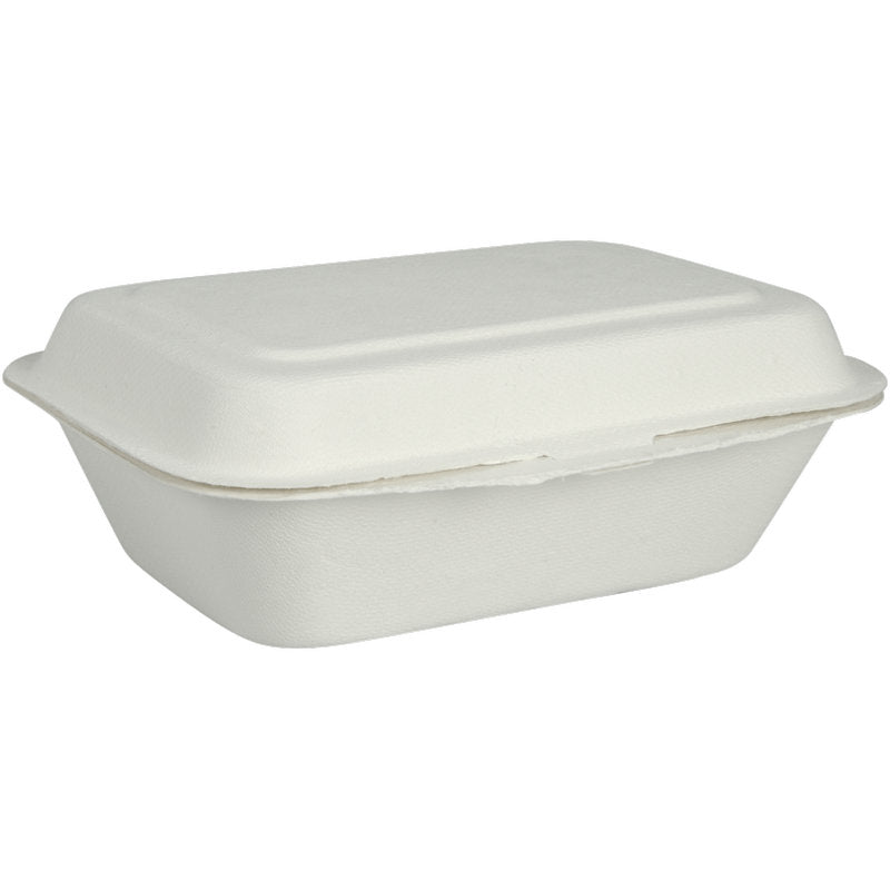Το κουτί μενού, Bagasse, Ungeteilt, Weiß από την Abena Re-Seller GmbH είναι ένας κλειστός, ορθογώνιος λευκός δοχείο μεταφοράς από ινώδες υλικό. Είναι βιοδιασπώμενο και κομποστοποιήσιμο και παρουσιάζεται σε απλό λευκό φόντο.