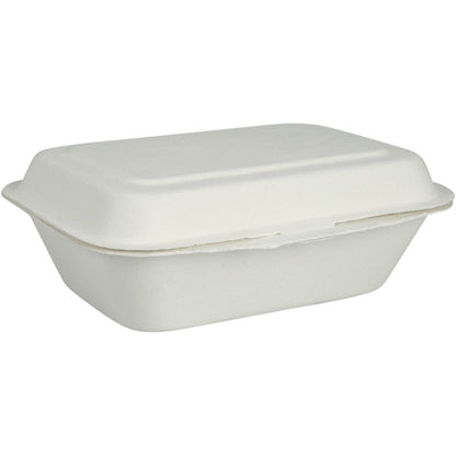 Το κουτί μενού, Bagasse, Ungeteilt, Weiß από την Abena Re-Seller GmbH είναι ένας κλειστός, ορθογώνιος λευκός δοχείο μεταφοράς από ινώδες υλικό. Είναι βιοδιασπώμενο και κομποστοποιήσιμο και παρουσιάζεται σε απλό λευκό φόντο.