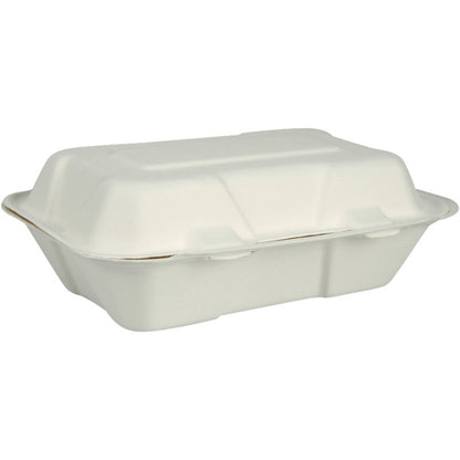 Το κουτί μενού, Bagasse, Ungeteilt, Weiß από την Abena Re-Seller GmbH είναι ένας κλειστός, ορθογώνιος, λευκός δοχείο φαγητού για μεταφορά με καπάκι από κομποστοποιήσιμο και βιοδιασπώμενο υλικό, απεικονίζεται σε απλό λευκό φόντο.